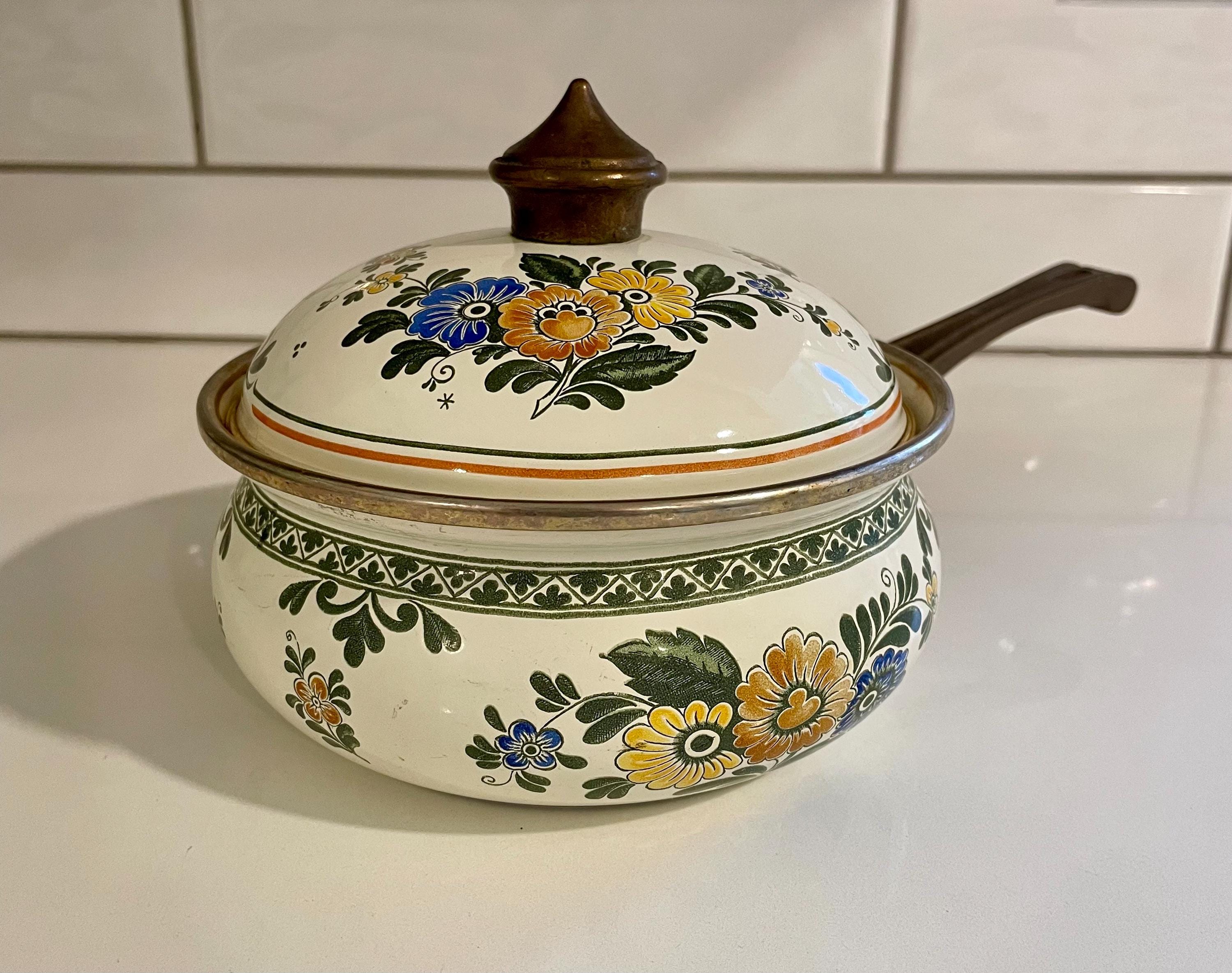 Vintage Asta Germany Enamel Sauce Pan with Floral Design