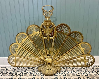 Vintage Brass Cameo Fireplace Fan Peacock