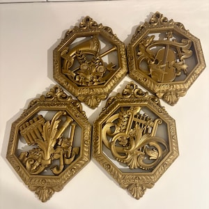 Set of 4 HOMCO Musical Wall Plaques Gold Plastic MCM 1970s Decor