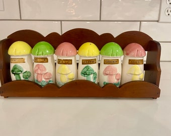 Vintage Pastel Mushroom Spice Shakers and Wooden Rack