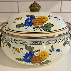 Vintage Asta MCM Enamel Dutch Oven with Floral Design