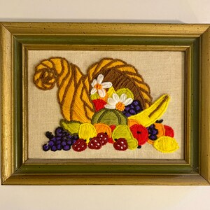 Vintage Crewel Embroidery Framed Cornucopia with Fruit Wall Hanging Decor 1976