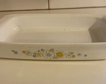 Asador abierto vintage Corning Ware Floral Bouquet amarillo P-332 de 12x7.5x2 pulgadas y 2 cuartos de galón.