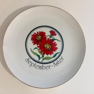 May include: A white ceramic plate with a gold-toned rim featuring a central circular illustration of red aster flowers with green stems and leaves. The text "September • Aster" is printed in black script lettering below the floral design.
