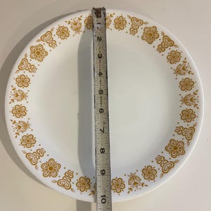 Puede incluir: Plato blanco con un patrón floral dorado alrededor del borde. El plato tiene aproximadamente 25 cm de diámetro. El diseño floral incluye varias formas de flores y hojas. Una regla metálica está colocada sobre el plato.