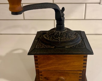 Antique Coffee Grinder with Dovetailed Corners and Cast Iron Crank