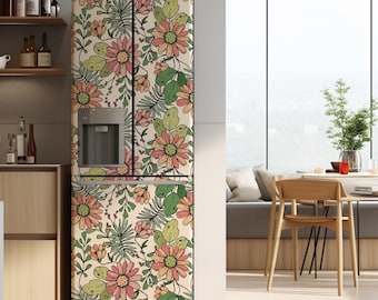 Floral Refrigerator Wrap, Pink Orange Blossom, Peel & Stick Kitchen Decor