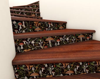 Mushroom Stair Riser Decals, Woodland Stair Stickers, Forest Cottage Staircase Decor, Dark Floral Stair Risers, Peel and Stick Vinyl