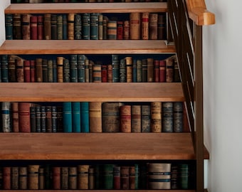 Vintage Books Stair Riser Decals, Bookshelf Style Staircase Stickers, Peel and Stick Vinyl Stair Riser Strips for Stairs Decor