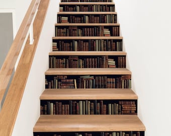 Books Stair Riser Decals, Vintage Books Staircase Stickers, Peel and Stick Vinyl Stair Riser Strips for Stairs Decor