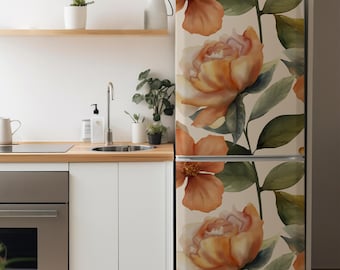 Floral Fridge Decal, Orange and Peach Blossom Vinyl Refrigerator Wrap, Peel & Stick Self Adhesive Kitchen Decor