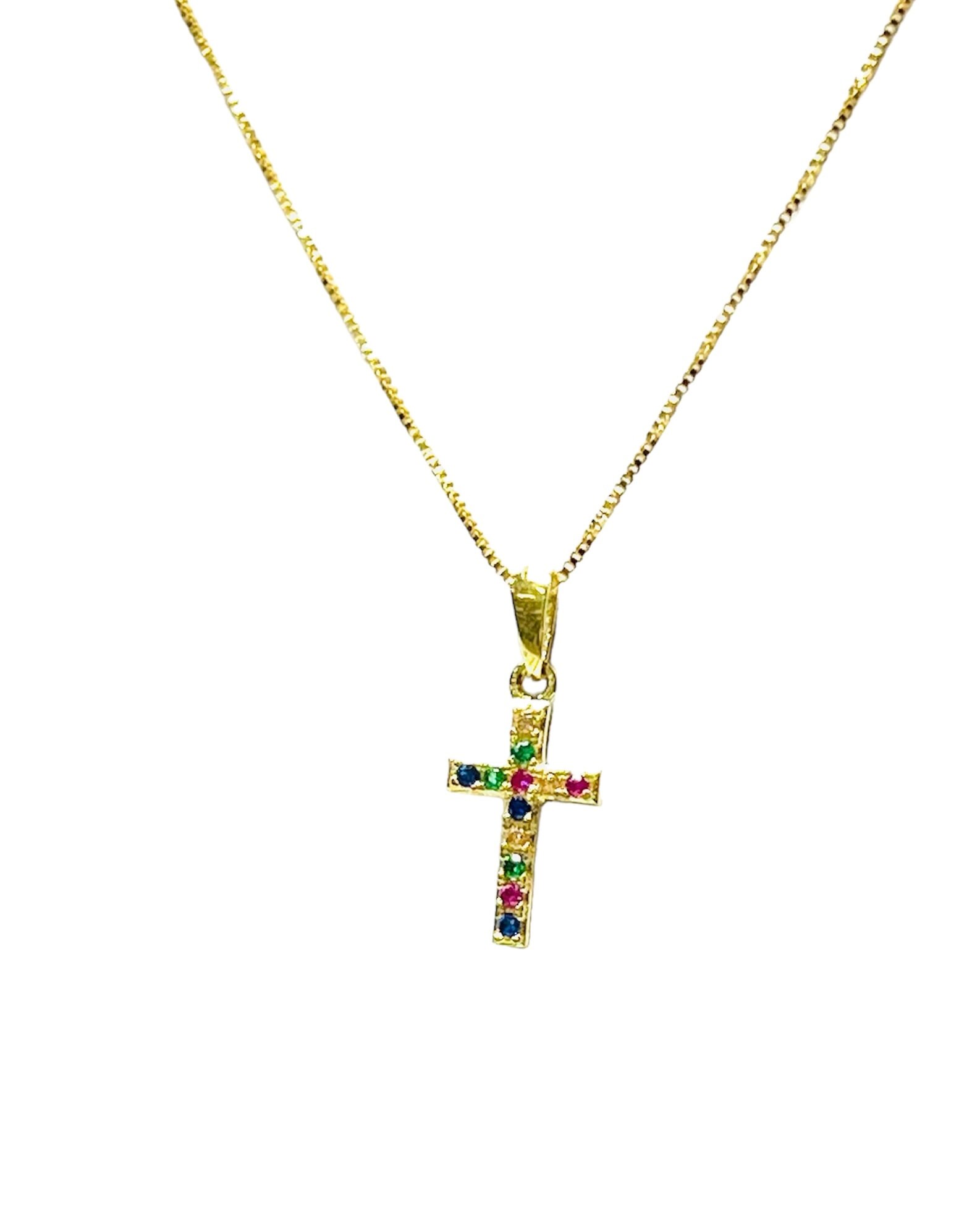 18-karat yellow gold cross, with different types of stones: emeralds, sapphires, rose quartz, amethysts, and zircons