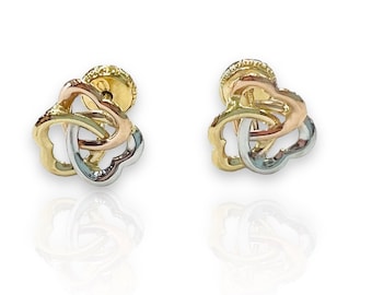 BOUCLES D'OREILLES En Or Jaune, Rose et Blanc 18K en Forme de 3 Coeurs de 18K