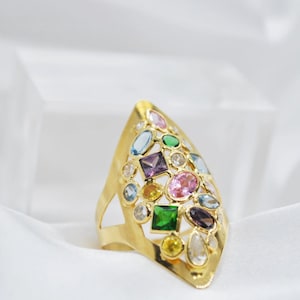 ANEL FEMININO DE Zircônia e Topázio, Anel Grande de Zircônia e Topázio em Ouro 18k, Anel de Ouro Amarelo e Zirconita, Peso 3 gramas