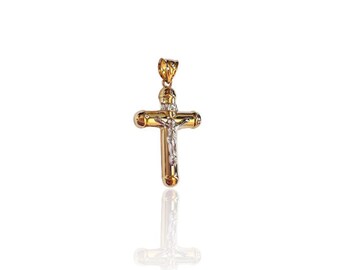 18K Yellow and White Gold Cross Pendant, 18K Gold Crucifix, 1.7 grams