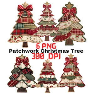 以下が含まれることがあります： 6つのパッチワーククリスマスツリーのデザイン。各ツリーは、赤、緑、クリーム色のパターンで重ねられた生地で作られています。ツリーは金の星と赤いリボンで飾られています。「6 PNG Patchwork Christmas Tree 300 DPI」というテキストが表示されています。