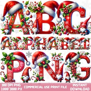 Alfabeto de gnomo de Natal - Clipart - 26HQ PNG, Livros de memórias, Criação de cartões, Letras de Natal, Sublimação, PNG de feriado, Design personalizado de Natal