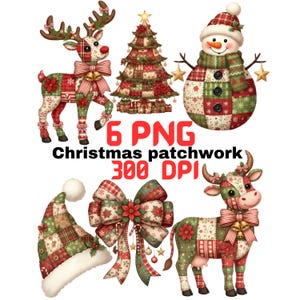 May include: A selection of Christmas patchwork designs, featuring a reindeer, Christmas tree, snowman, Santa hat, bow, and cow. The designs use red, green, and white patterns. Text reads "6 PNG Christmas patchwork 300 DPI."