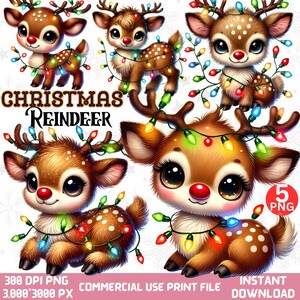 Niedliche Rentiere 5 Png Clipart Set, Weihnachtshirsche, Aquarell Weihnachtsmann Rentier Grafiken, Weihnachts Clipart, Weihnachtskarten, Sublimationsdesign