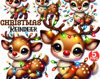 Christmas Reindeer Clipart Set, Watercolor Deer Graphics (PNG), Sublimation Design, Digital Download