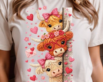 Funny Valentine Highland Cow Clipart, Faux Yarn Embroidery PNG (Digital Download), Sublimation