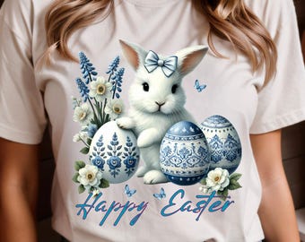 Blue Chinoiserie Easter Bunny PNG, Floral Rabbit, Porcelain Eggs, Sublimation Design, Digital Download