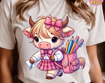 Highland Cow Back to School PNG, Sticker Sublimation (Digital Download), Sublimation design