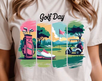 Dzień Golfa w akwareli PNG: Projekt wózka golfowego w stylu preppy (pobranie cyfrowe)