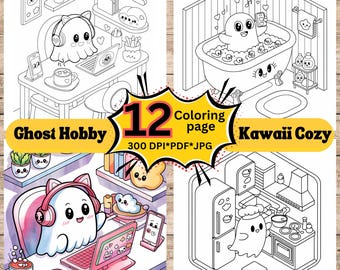 May include: A set of 12 coloring pages featuring a cute ghost character in different activities. The pages include a ghost working on a laptop, taking a bath, and cooking in the kitchen. The text "Ghost Hobby" and "Kawaii Cozy" are included in the image.