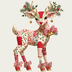May include: A decorative reindeer figurine with a patchwork design in red, white, and floral patterns. The reindeer has gold antlers adorned with greenery and berries, a red nose, and a striped bow with bells around its neck. Red and white bows decorate its hooves.