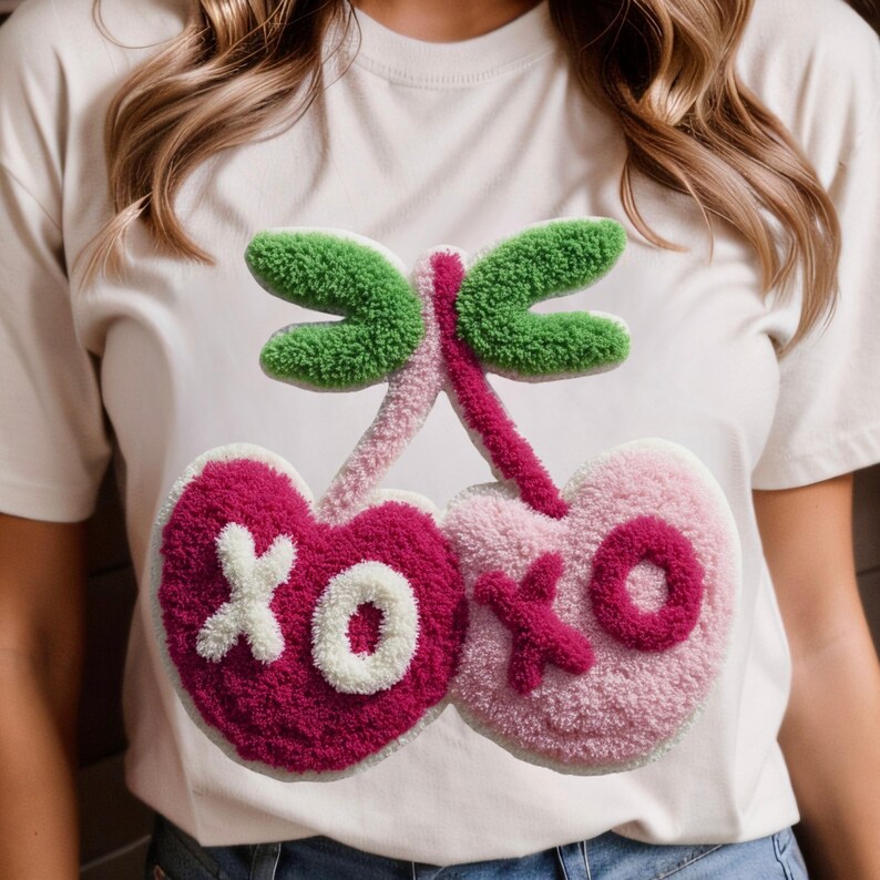 May include: White t-shirt featuring a whimsical design of two heart-shaped cherries with the letters "XO" in white. The cherries are in shades of pink and the stem and leaves are green. The design has a textured, plush appearance.