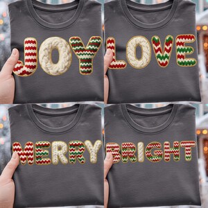 May include: Four grey crew neck t-shirts with festive text. The words "JOY", "LOVE", "MERRY", and "BRIGHT" are embroidered in a holiday style with red, green, and cream-coloured yarn. The shirts are displayed against a blurred background.