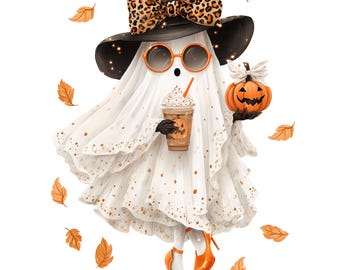 Trendy Ghost with Pumpkin Latte PNG, Chic Halloween Clipart, Sublimation Design, Digital Download