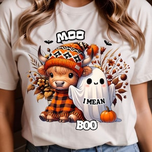 Halloween Cute highland cow fall ghost PNG, Spooky season autumn cow shirt PNG, Halloween pumpkin spice PNG, Ghost sublimation digital
