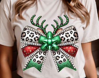 Christmas Reindeer Bow Png, Coquette Shirt Design, Sublimation Design, Digital Download