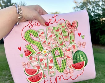 Sweet Summer Time Watermelon PNG, Retro Patchwork Applique, Coquette Summer Graphic (Digital Download), Sublimation