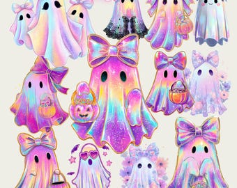 Pastel Halloween Ghost Clipart, Holographic PNG Bundle,Kawaii Ghosts, Sublimation, Digital Download
