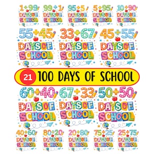 Op de afbeelding: Kleurrijke educatieve afbeelding met de tekst "100 dagen school". Het ontwerp bevat wiskundige problemen, appels, potloden, globes en sterren. De woorden "Days of School" staan in grote, veelkleurige letters.