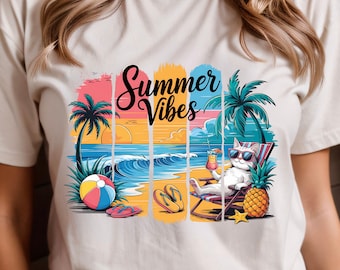 Summer Vibes Cat PNG, Beach Scene Sublimation, Digital Download