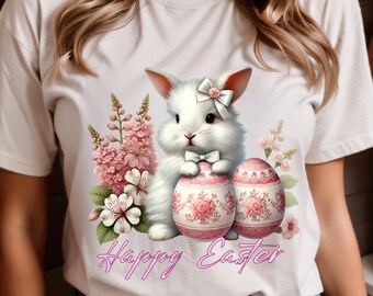Pink Floral Easter Bunny PNG, Grandmillennial Easter, Sublimation Design, Digital Download
