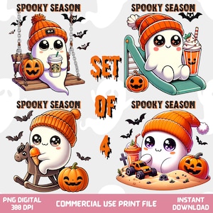 May include: Set of four digital illustrations of cute ghosts wearing orange and white knit hats. Each ghost is holding a different Halloween themed item, including a pumpkin, a rocking horse, a slide, and a monster truck. The text "Spooky Season" appears at the top of each image.