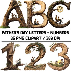 Imágenes prediseñadas de letras y números del Día del Padre / Día del Padre / A-Z 0-9 PNG / Descarga digital rústica de bosque / Clipart de árbol con letras PNG, Árbol infantil
