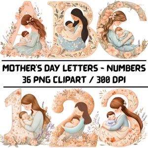 Letras y números del Día de la Madre / Clipart de mamá / Letras PNG florales A-Z 0-9 / Fondo transparente / Día de la Madre Digital Png