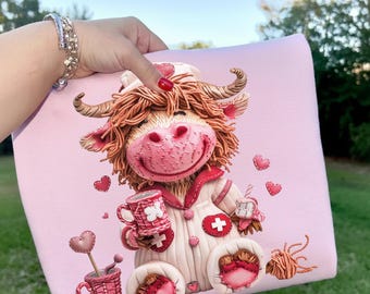 Highland Cow Nurse Valentine PNG, Faux Yarn Chunky Crochet, 3D Puff Cow Clipart, Medical Nursing Student, Pink Heifer, Digital Download