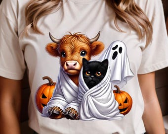 Highland Cow Halloween PNG, Duch Krowy, Upiorny Sezon (Pobieranie Cyfrowe), Projekt Sublimacji