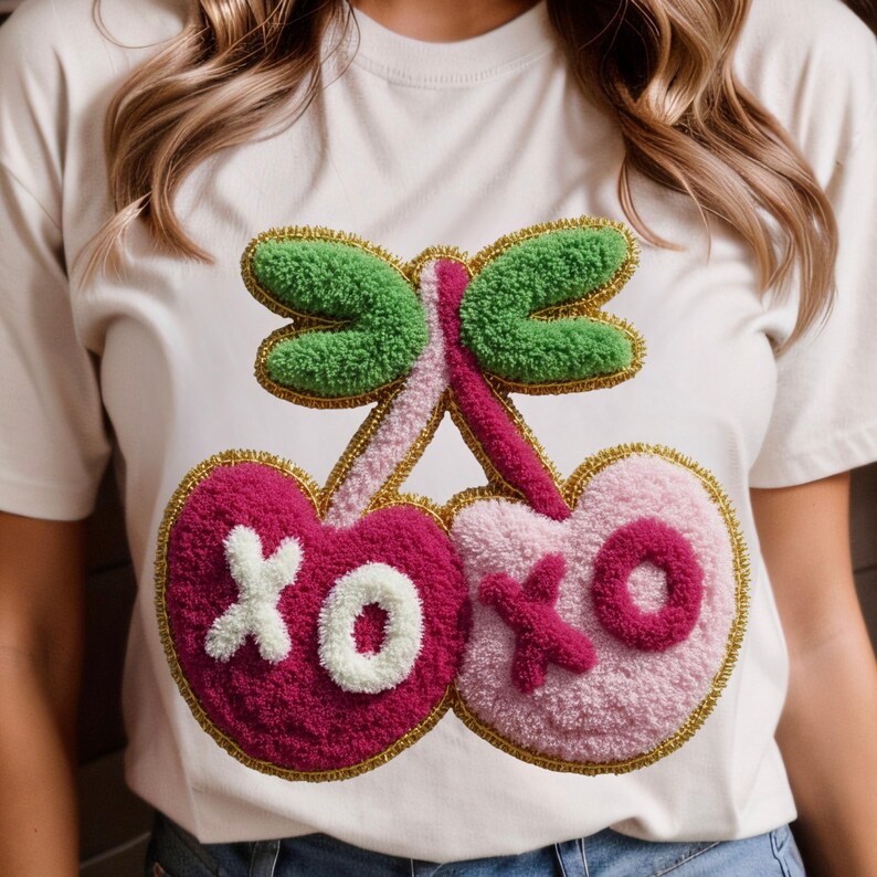 May include: Cream-colored t-shirt featuring a textured cherry design. The cherries are pink and light pink with gold trim, green leaves, and the letters "XOXO" in white and pink. A fun and playful design.