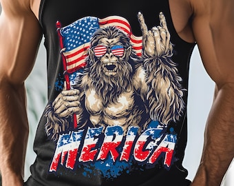 Bigfoot Merica PNG, Arte Sasquatch con la bandera patriótica de EE. UU., Diseño de sublimación, Descarga digital