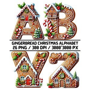 Gingerbread Alphabet PNG, Christmas Cookie Letters, 26 Xmas Village, Sublimation Bundle, Holiday Digital Clipart
