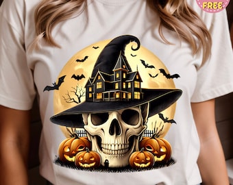 Retro Halloween Witch Skull PNG, Spooky Season Design, Sublimation Design, Digital Download