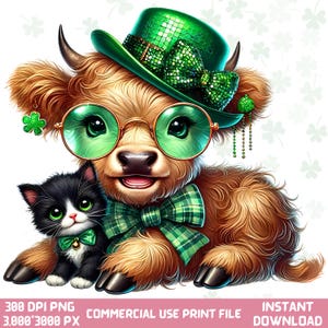 May include: A brown and white Highland cow wearing a green shamrock hat, green glasses, and a green plaid bow tie. A black and white kitten with green eyes is sitting next to the cow.